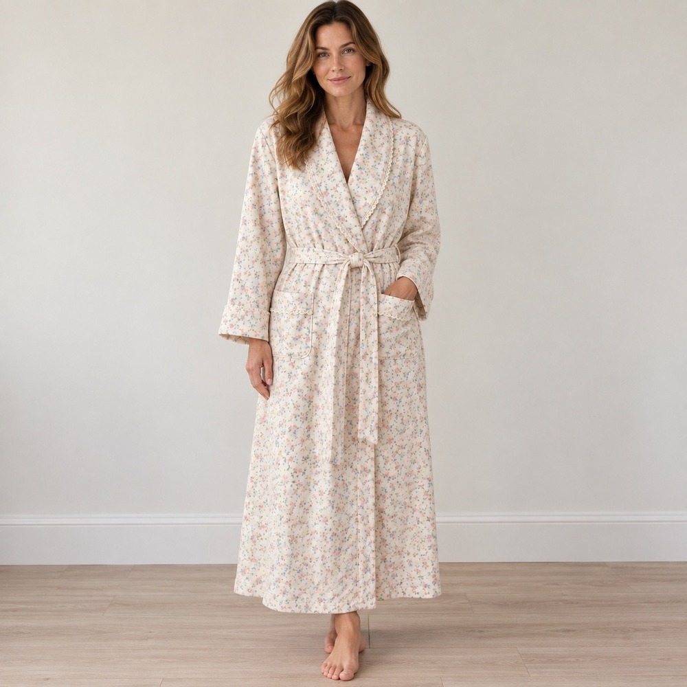 Floral Flannel Wrap Robe Long Lace Trim Cottagecore Belted Pockets Ivory